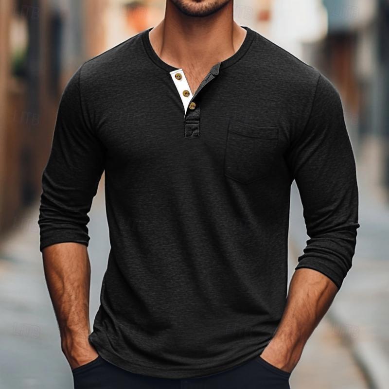 Men's Solid Color Button Round Neck Long Sleeve T-Shirt