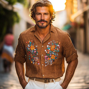 Camisa informal de manga larga bordada vintage de algodón y lino para hombre