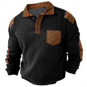 Polo de manga larga con diseño de gofre para hombre, estilo vintage, con bolsillo y botones, color negro, para primavera y otoño.