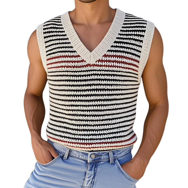 Men's Casual V Neck Contrast Color Striped Knitted Tank Top