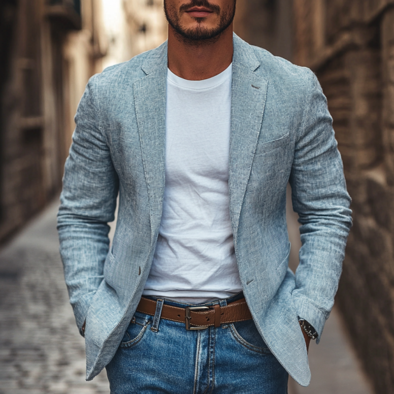 Lässiger Herren-Blazer aus Leinenmischung mit fallendem Revers, einreihig, schmale Passform