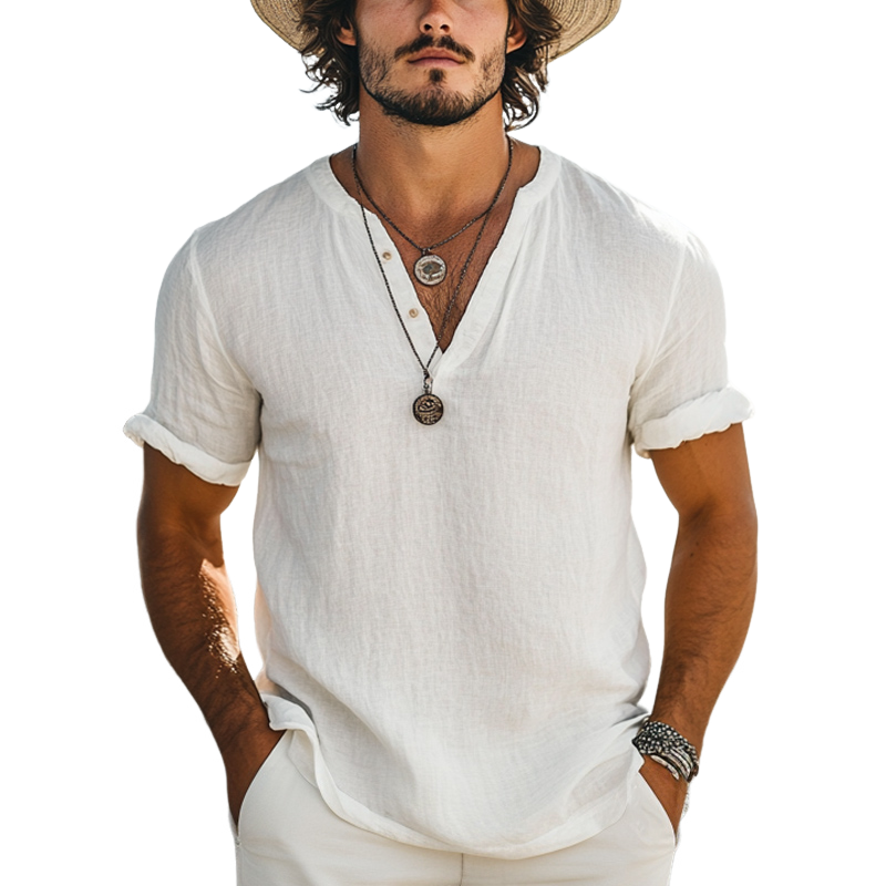 Camiseta informal sencilla de algodón con cuello en V y manga corta para hombre