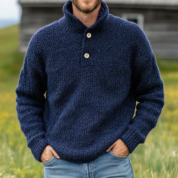 Suéter de punto vintage azul oscuro con cuello alto y dos botones para hombre