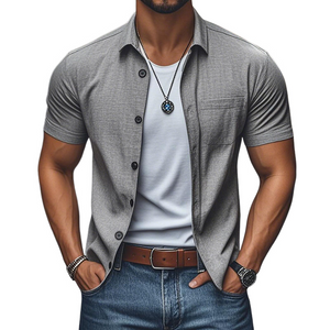 Camisa informal de lino cómoda con solapa y botonadura sencilla, ajustada y de manga corta para hombre