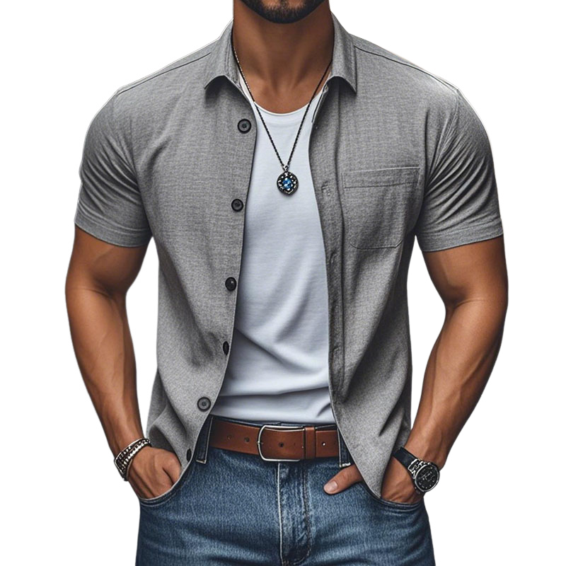 Men's Casual Comfortable Linen Lapel Single Breasted Slim Fit Short Sleeve Shirt
