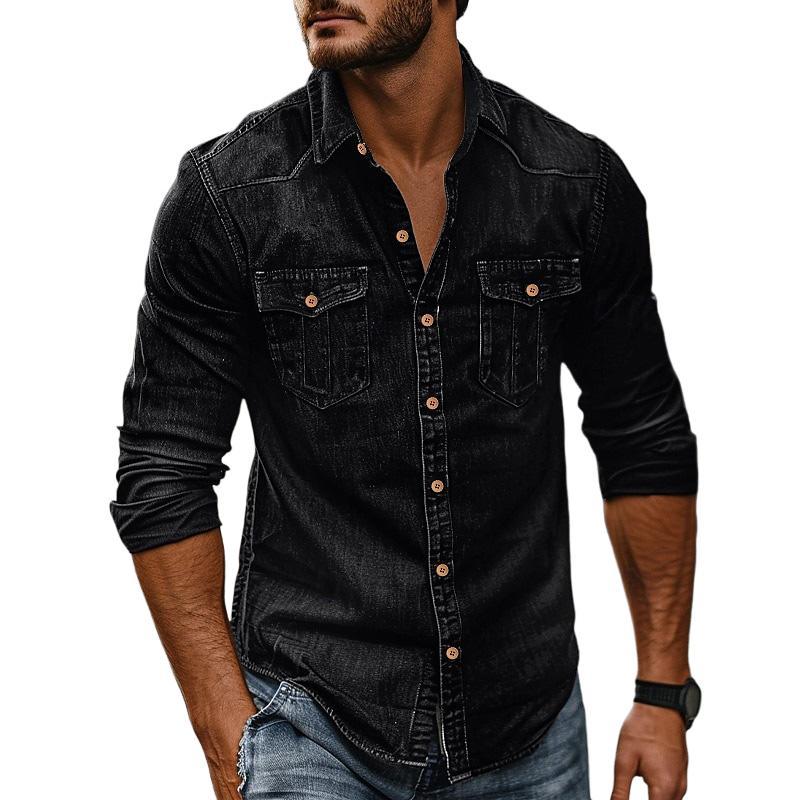 Herren-Revershemd aus gewaschenem Distressed-Denim im Vintage-Stil