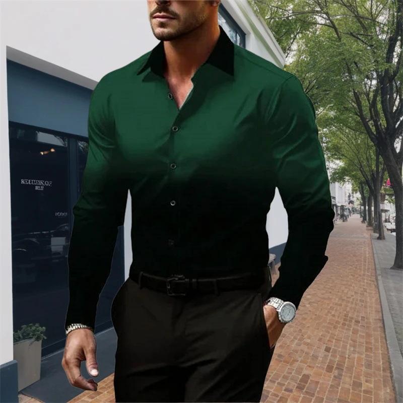 Men's Gradient Lapel Button Loose Long Sleeve Shirt