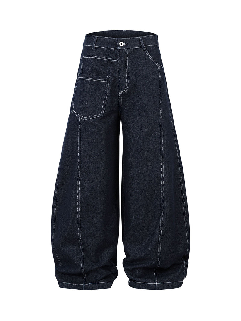 Deconstructed Contrast Stitching Barrel Jeans