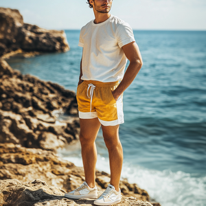 Men's Spring Fashion Casual Contrast Color Stitching Elastic Waist Suede Beach Shorts