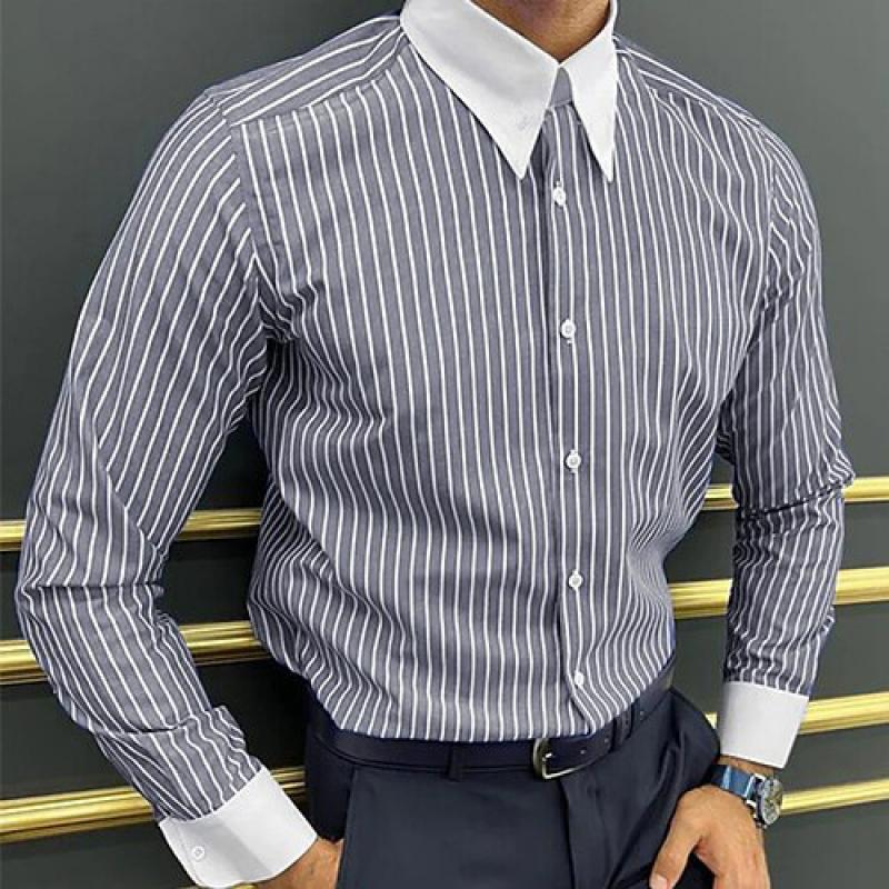 Camisa informal de manga larga con solapa y bloques de color a rayas para hombre