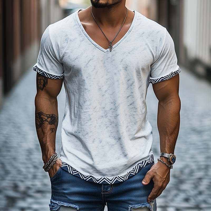 Camiseta clásica informal de algodón con cuello en V y manga corta para hombre