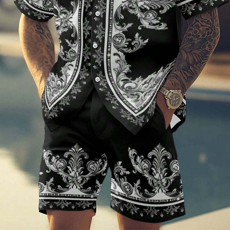 Conjunto de dos piezas de pantalones cortos de manga corta con estampado de flores de anacardo para hombre