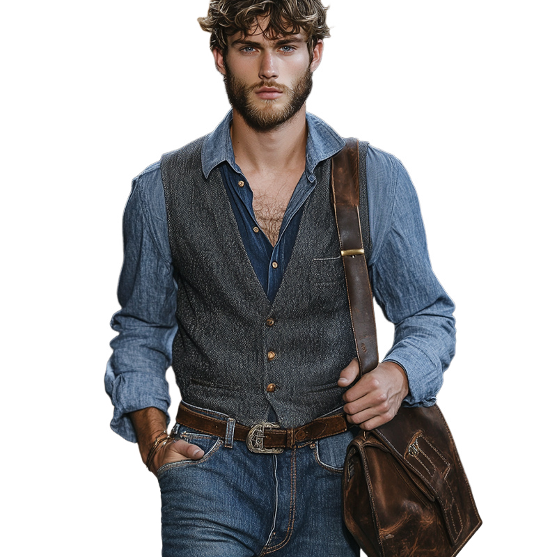 Men's Vintage Dark Gray Blended V-Neck Three-Button Slim Vest