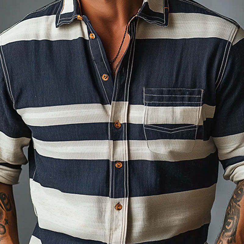 Men's Early Spring Fashion Striped Printed Long Sleeve Shirt
