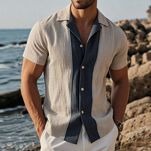 Men's Retro Casual Linen Striped Colorblock Printed Lapel Short Sleeve Shirt