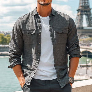 Camisa informal de manga larga de algodón y lino gris oscuro, agradable para la piel, para hombre