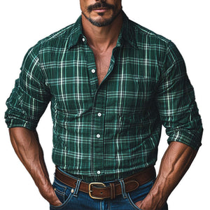 Camisa vintage de cuadros verde oscuro de manga larga para hombre