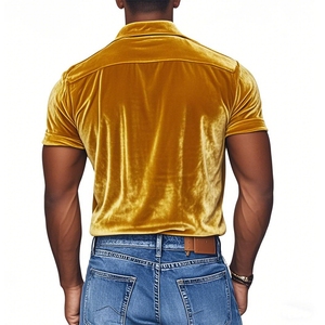 Camisa de manga corta ajustada de terciopelo con empalme de encaje sexy de moda de primavera para hombre