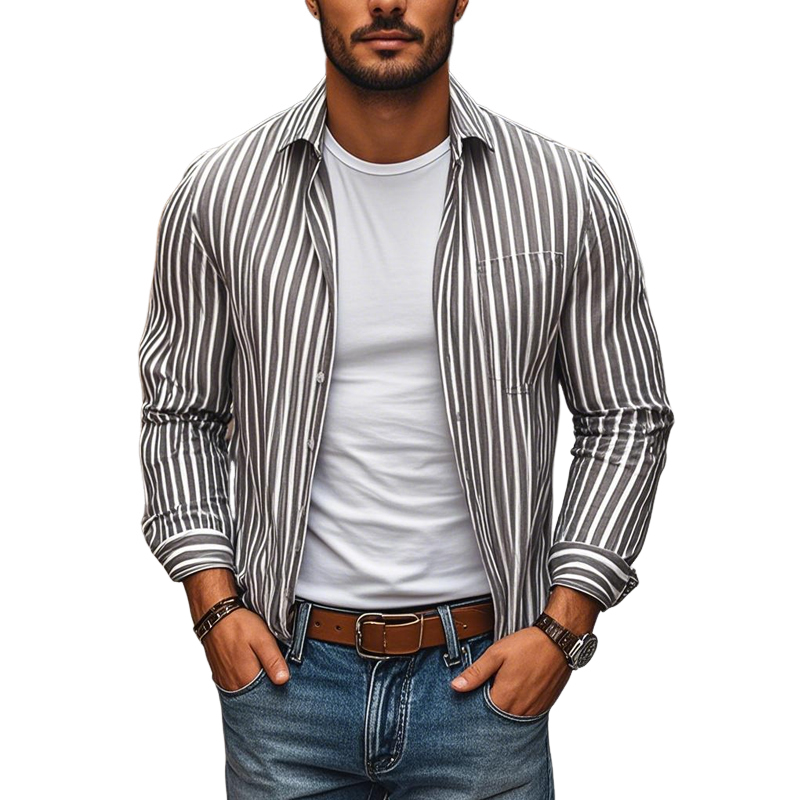 Herren Casual Comfort Baumwolle Leinen Gestreiftes Revers Brusttasche Lockeres Langarmhemd