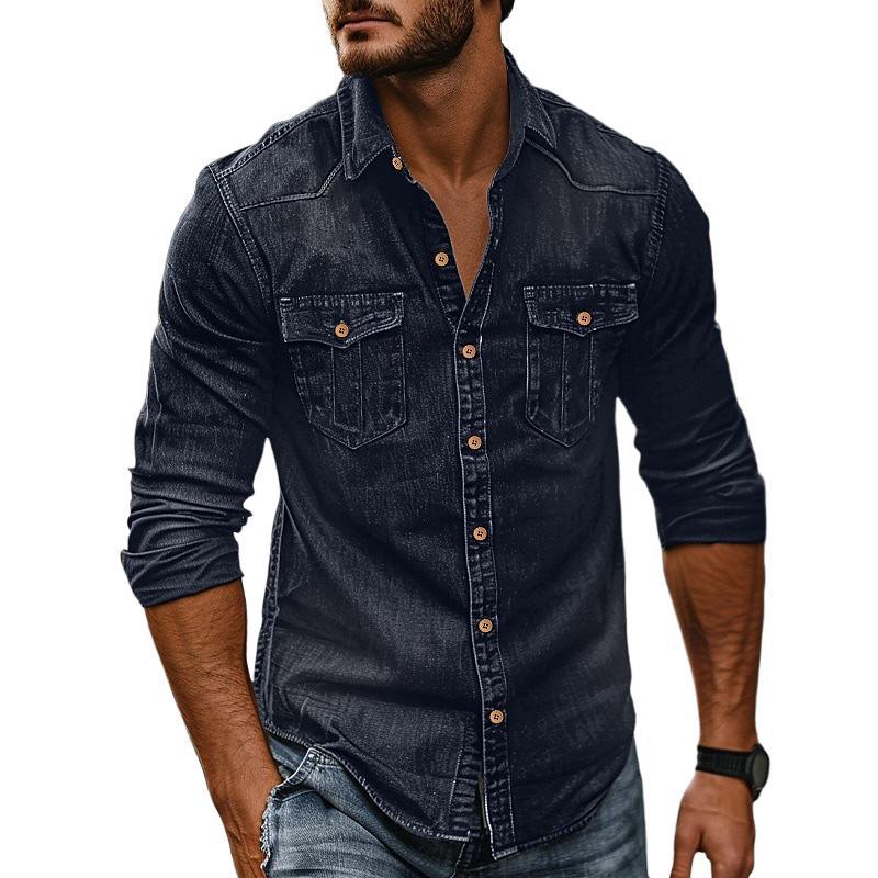 Herren-Revershemd aus gewaschenem Distressed-Denim im Vintage-Stil