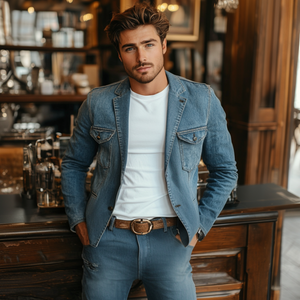 Men's Retro Notched Lapel Denim Single Breasted Multi-Pocket Slim Fit Blazer