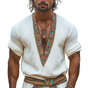 Camiseta informal de manga larga con cuello en V y bordado retro para hombre