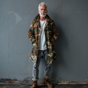 Herren Camouflage Revers Brusttasche Einreihiger Mittellanger Cargo Trenchcoat