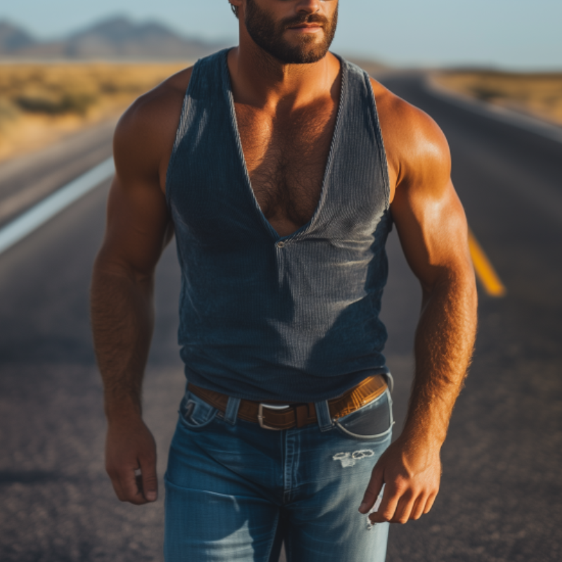Men's Fashion Casual Western Cowboy Style Corduroy Deep V Neck Tank Top