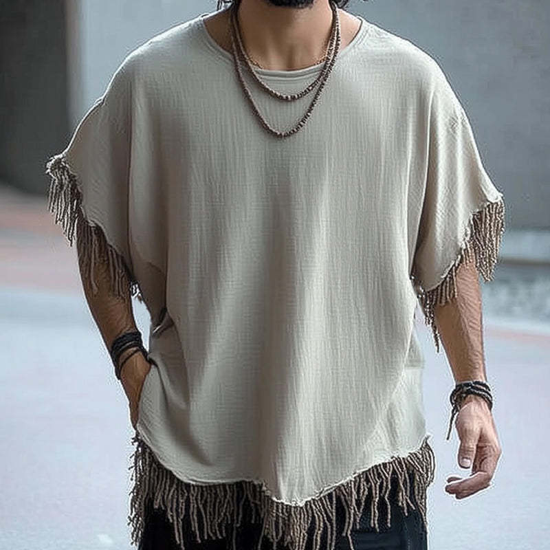 Men's Summer Ice Silk Wrinkled Tassel Loose Casual T-shirt