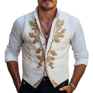 Men's Vintage Gold Embroidered Cotton And Linen Vest