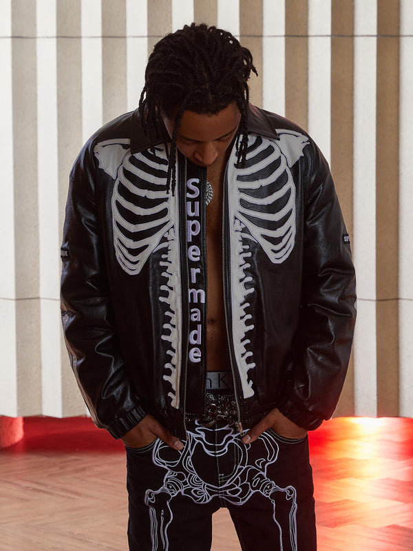 Hip Hop Bones Embroidered Leather Jacket