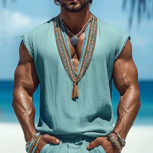 Herren Sommer-Tanktop aus Baumwolle und Leinen mit V-Ausschnitt und Retro-Stickerei