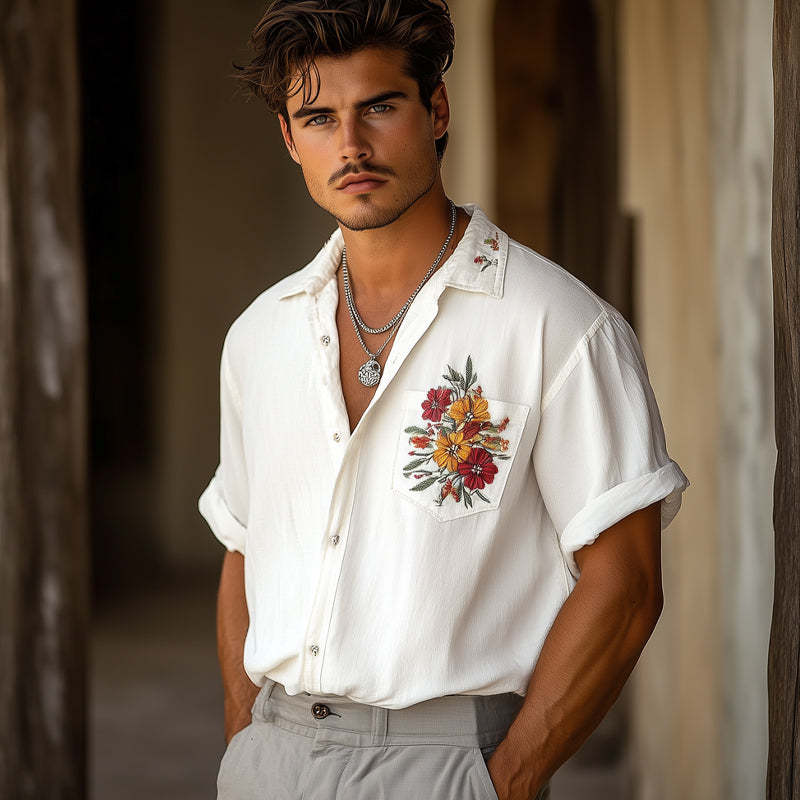 Men's Casual Chiffon Embroidered Short-sleeved Shirt