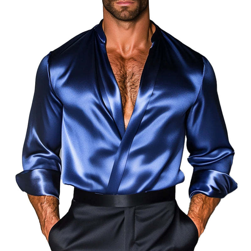 Camisa de manga larga con cuello alto, suelta y brillante para hombre