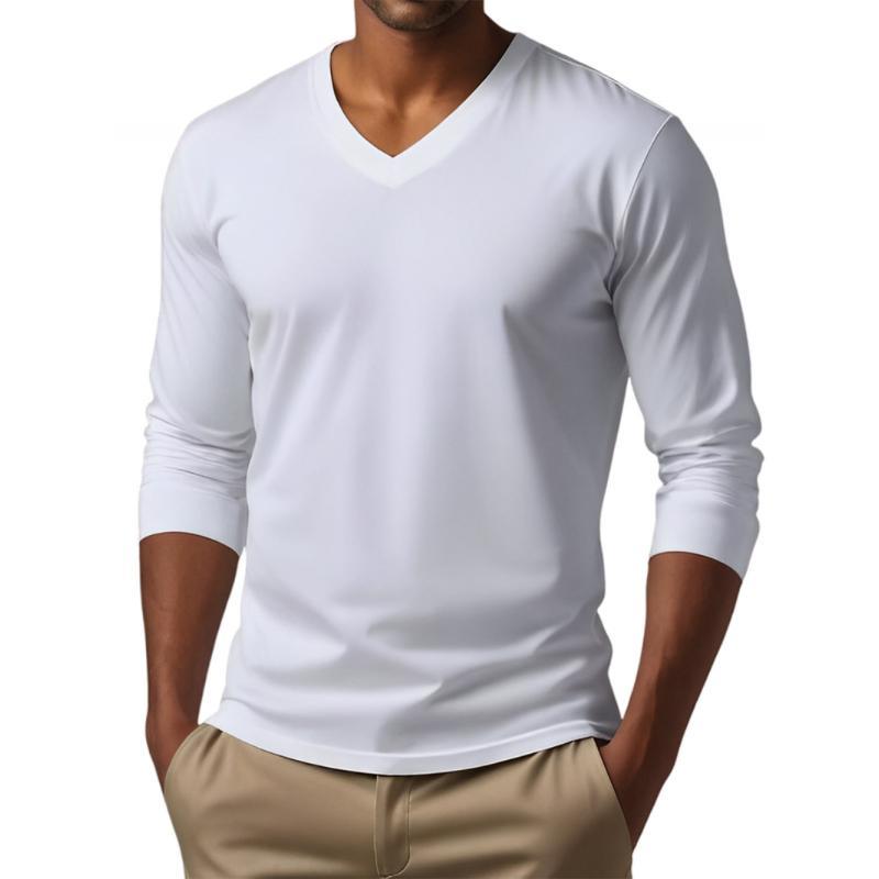 Camiseta informal de manga larga ajustada de algodón mezclado con cuello en V para hombre