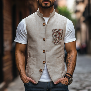 Men's Spring Fashion Retro Stand Collar Embroidered Ramie Vest