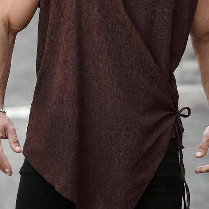 Men's Brown Textured Cross Tie Hooded Tank Top