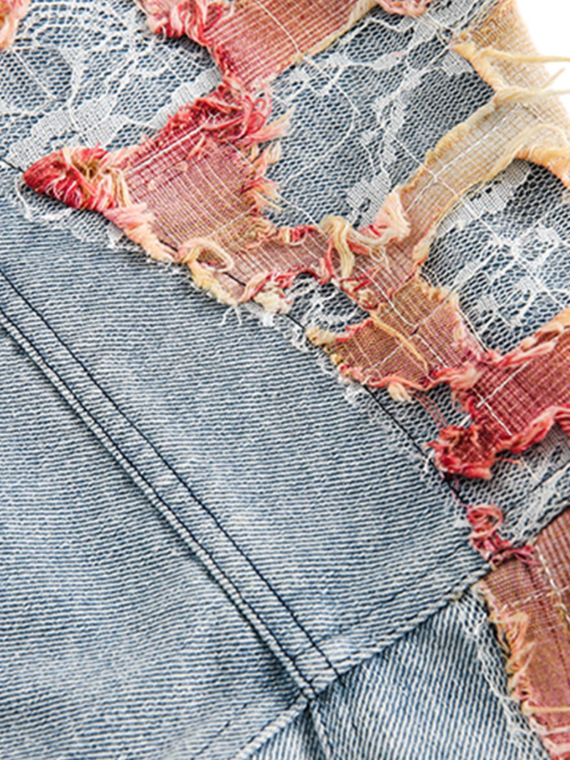 American Street Style Lace Patchwork Denim Jacket