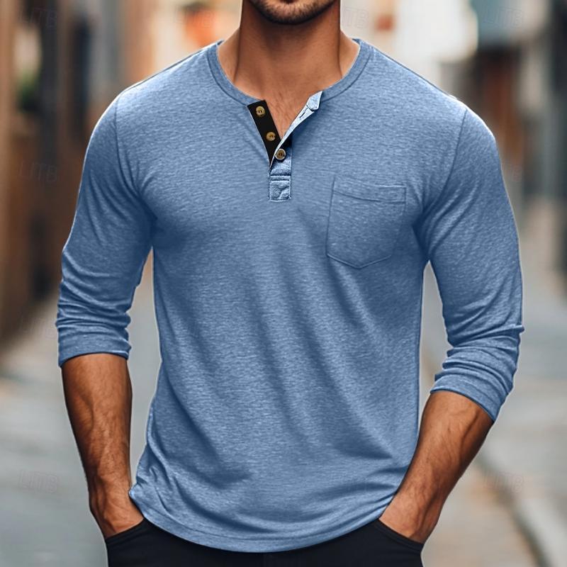 Men's Solid Color Button Round Neck Long Sleeve T-Shirt