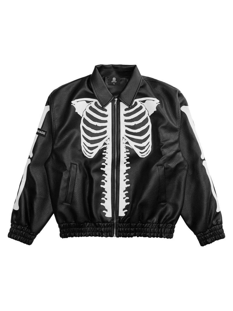 Hip Hop Bones Embroidered Leather Jacket