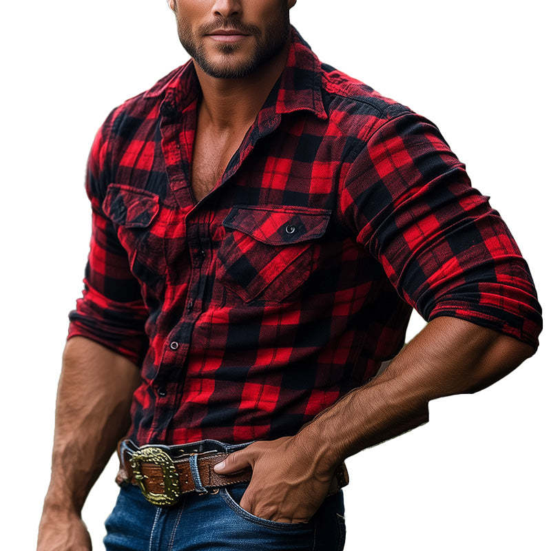 Men's Retro Red Plaid Long Sleeve Shirt