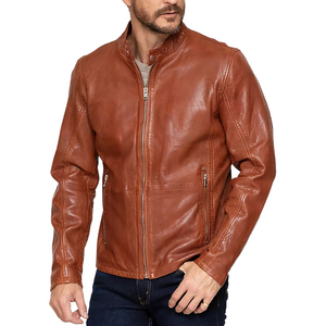 Herren Vintage Orange Lederjacke mit Druckknopfkragen und Reißverschluss