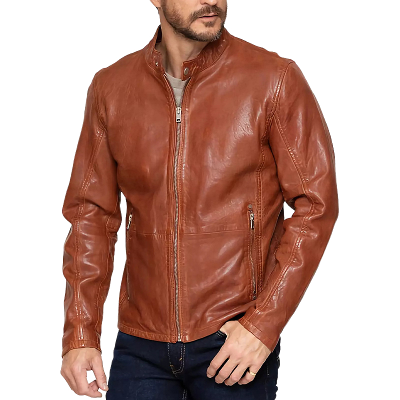 Men's Vintage Orange Snap Collar Zipper Leather Jacket 31099494U
