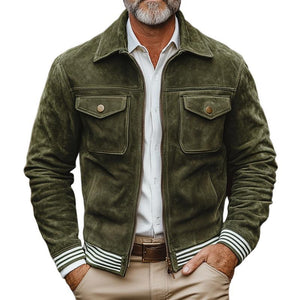 Men's Striped Trim Suede Lapel Chest Pocket Zipper Casual Jacket