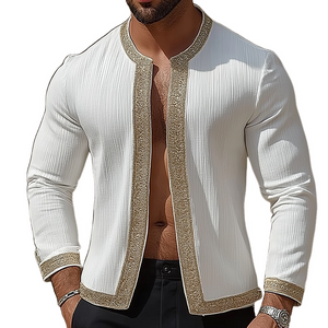 Men's Retro Casual Striped Collarless Long Sleeve Shirt