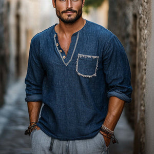 Camiseta informal de manga larga con cuello en V azul marino retro para hombre