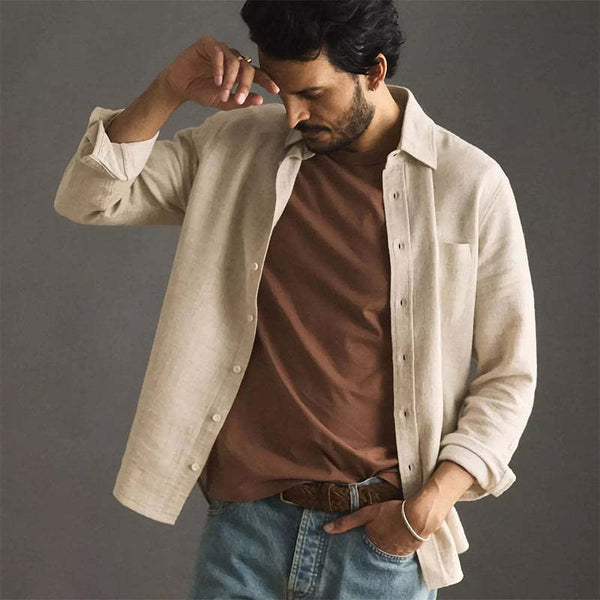 Men's Casual Apricot Cotton And Linen Long-sleeved Shirt