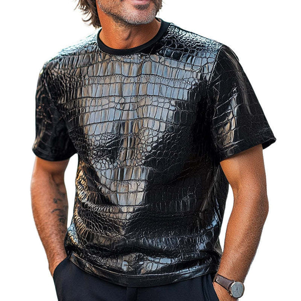 Men's Black Crocodile Textured PU Leather Short Sleeve T-Shirt