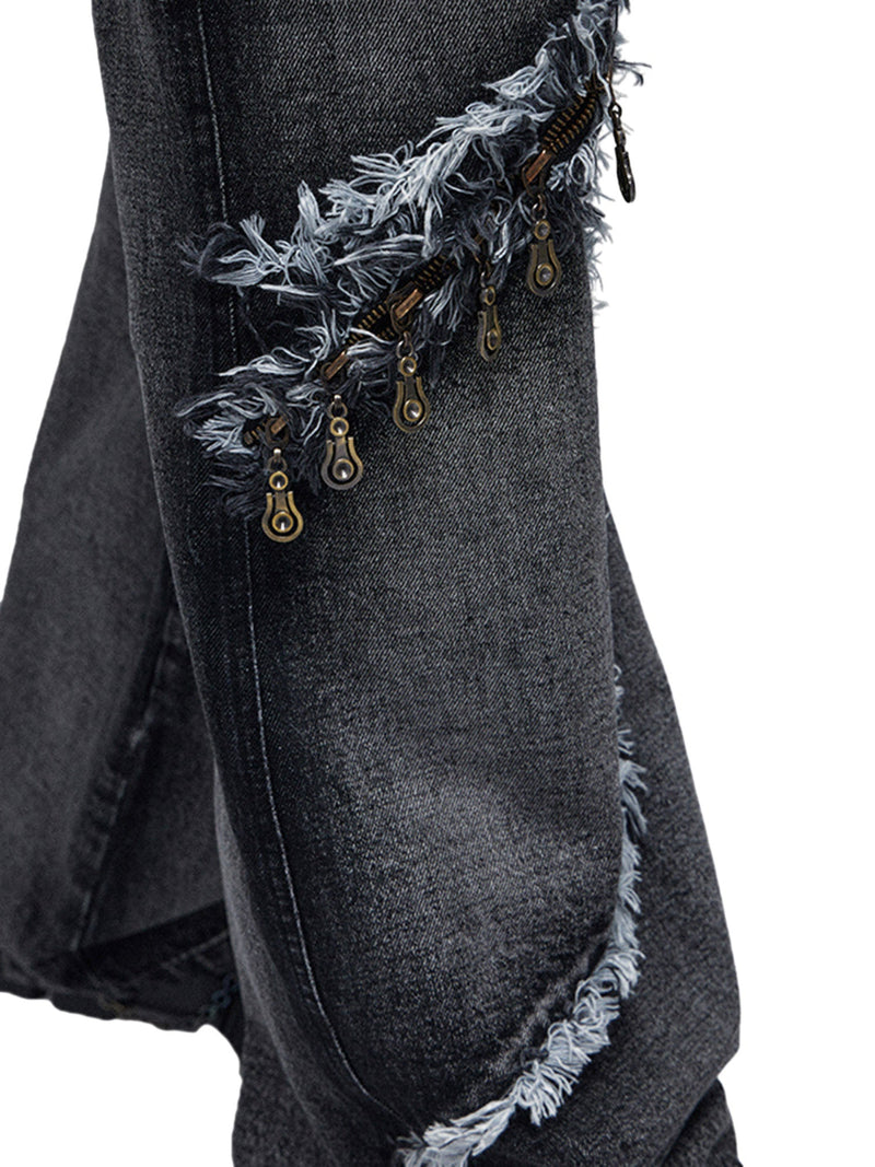 Retro Multi-Pull Washed Distressed Tassel Jeans