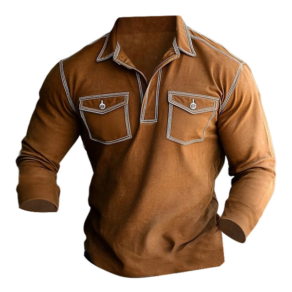 Men's Vintage Outdoor Pocket Polo Long Sleeve T-shirt